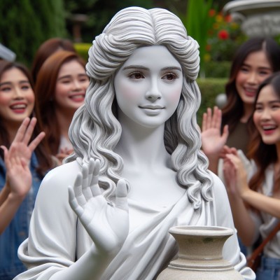 a scene in a soap opera where a young lady performing as white female living statue as her job in an exhibit in a garden. she is staring to nowhere. she shows no emotion but slightly smirking. one arm slightly raised forward. holding a va (2).jpg