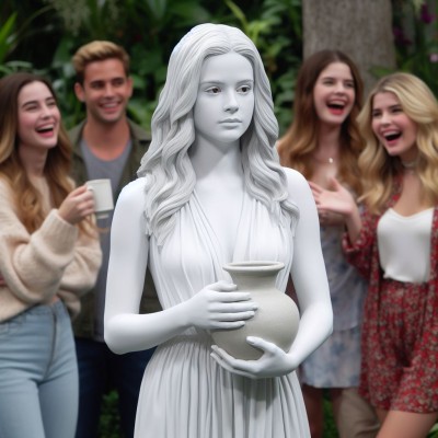 a scene in a soap opera where a young lady performing as white female living statue as her job in an exhibit in a garden. she is staring to nowhere. she shows no emotion but slightly smirking. one arm slightly raised forward. holding a va.jpg